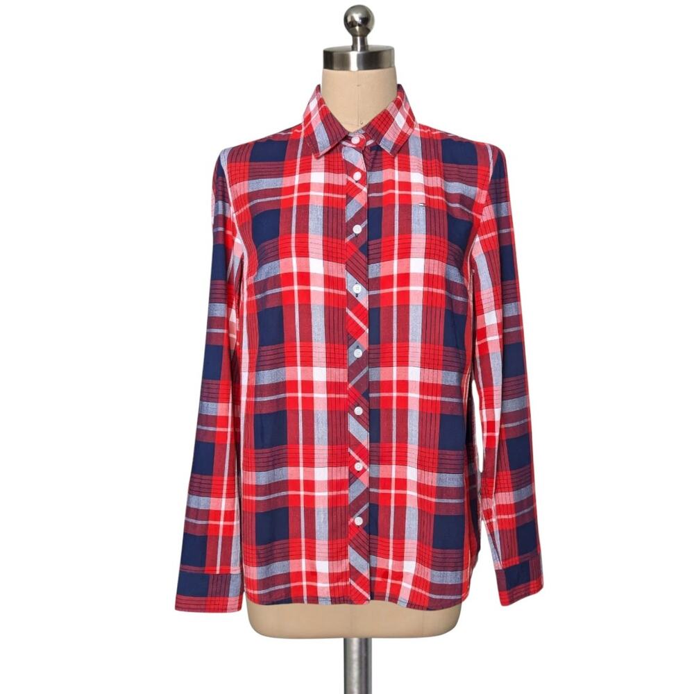 Oversized TOMMY HILFIGER Red, White & Blue Plaid Button Up Shirt Relaxed Fit S